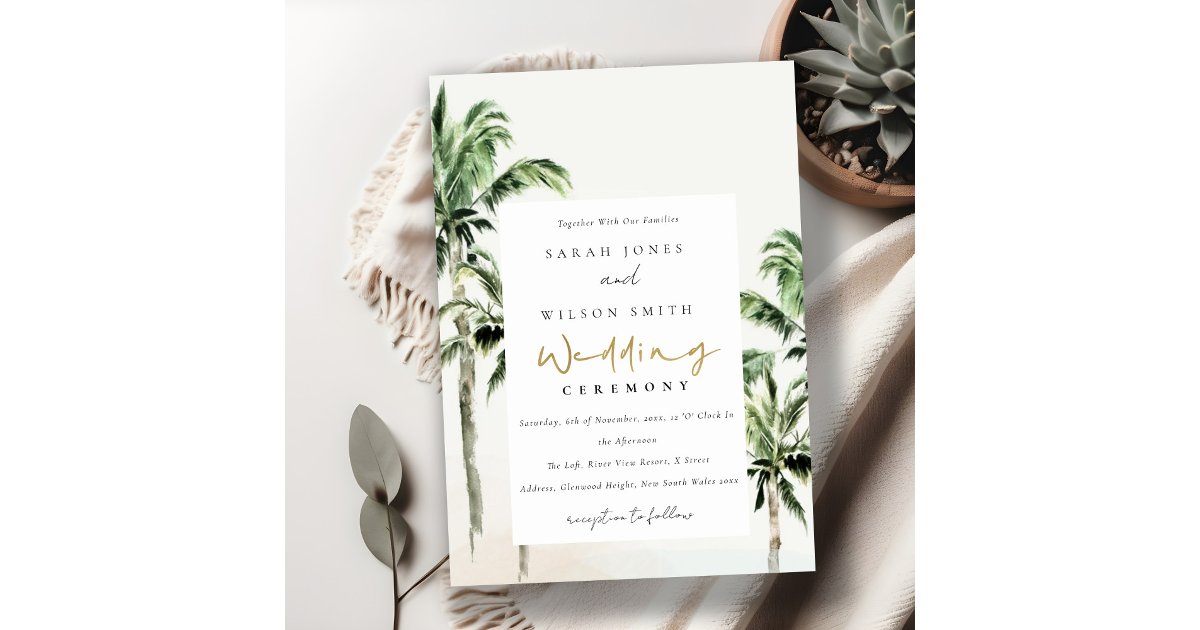 Chic Tropical Beach Palm Trees Watercolor Wedding Invitation | Zazzle