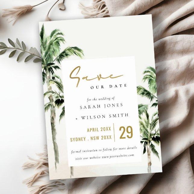Chic Tropical Beach Palm Trees Watercolor Wedding Save The Date (Creator Uploaded)