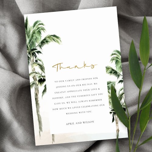 Chic Tropical Beach Palm Trees Watercolor Wedding Thank You Card