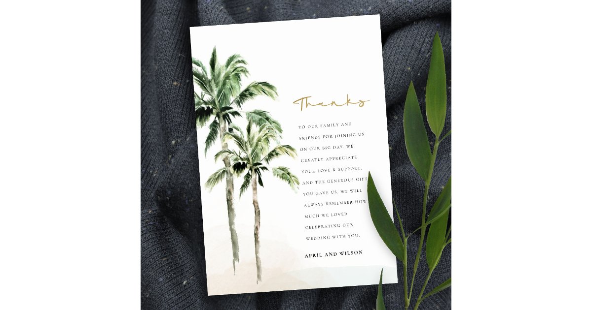 Chic Tropical Beach Palm Trees Watercolor Wedding Thank You Card | Zazzle
