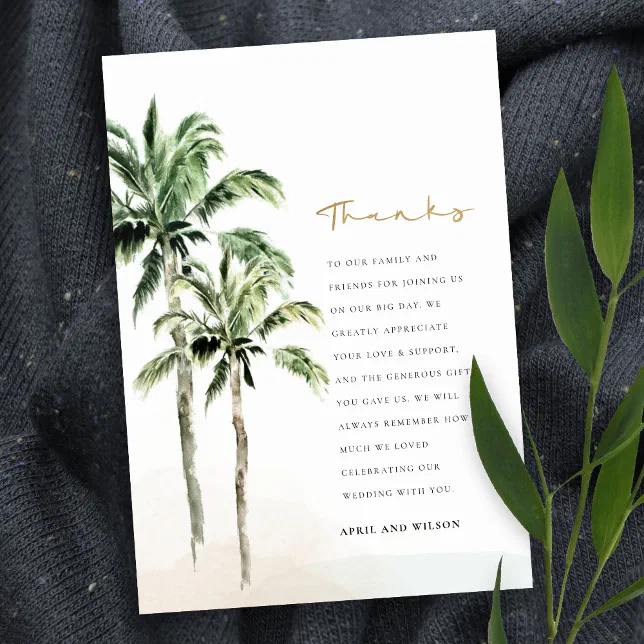 Chic Tropical Beach Palm Trees Watercolor Wedding Thank You Card | Zazzle