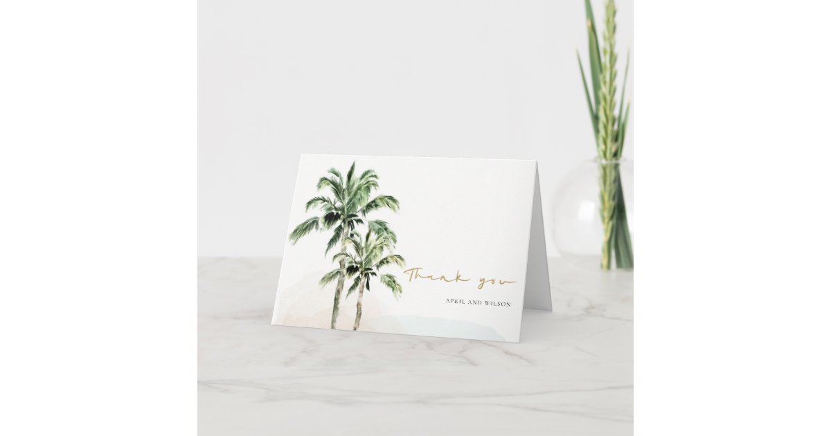 Chic Tropical Beach Palm Trees Watercolor Wedding Thank You Card | Zazzle