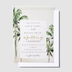 Chic Tropical Beach Palm Trees Watercolor Wedding Vellum Invitations