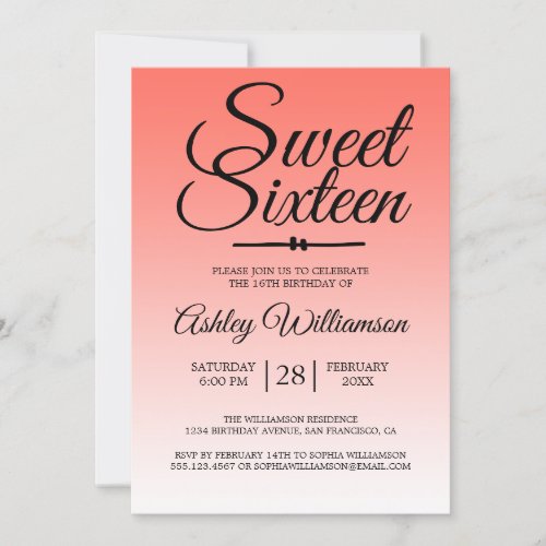 Chic Tropical Coral Ombre Sweet 16 16th Birthday Invitation