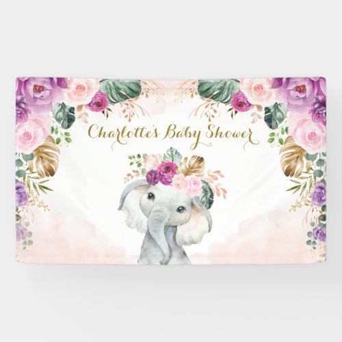 Chic Tropical Elephant Floral Greenery Baby Shower Banner