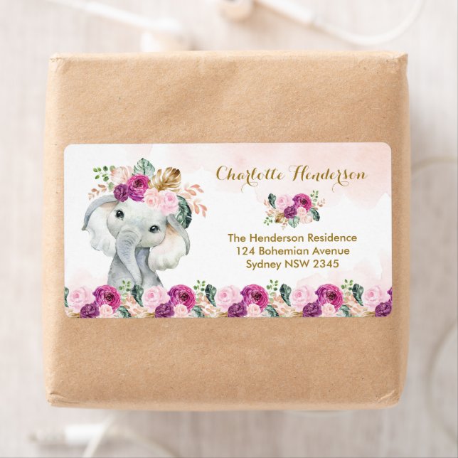 Chic Tropical Elephant Floral Greenery Jungle Baby Label (Insitu)