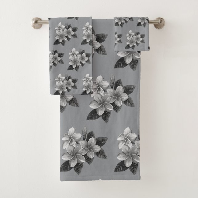 Chic Tropical Flowers on Silver Gray Bath Towel Set (Insitu)