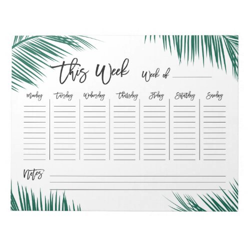 Chic tropical green palm tree leaf weekly planner notepad