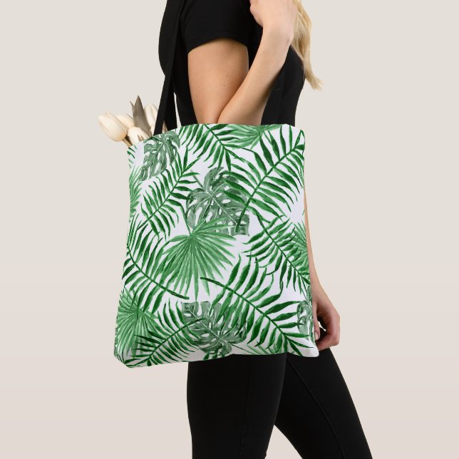 Chic Tropical Green Palm Tree Leaves Summer Art Tote Bag (Close Up)