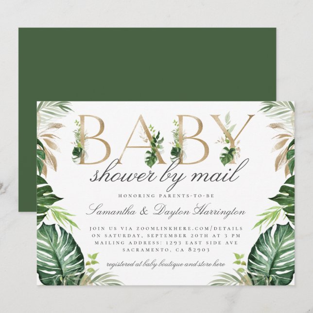 Chic Tropical Greenery Gold Baby Shower By Mail Invitation (Front/Back)