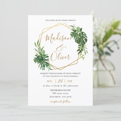 Chic Tropical Greenery Gold Geometric Wedding Invitation