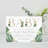 Chic Tropical Greenery Gold Typography Baby Shower Invitation (Standing Front)