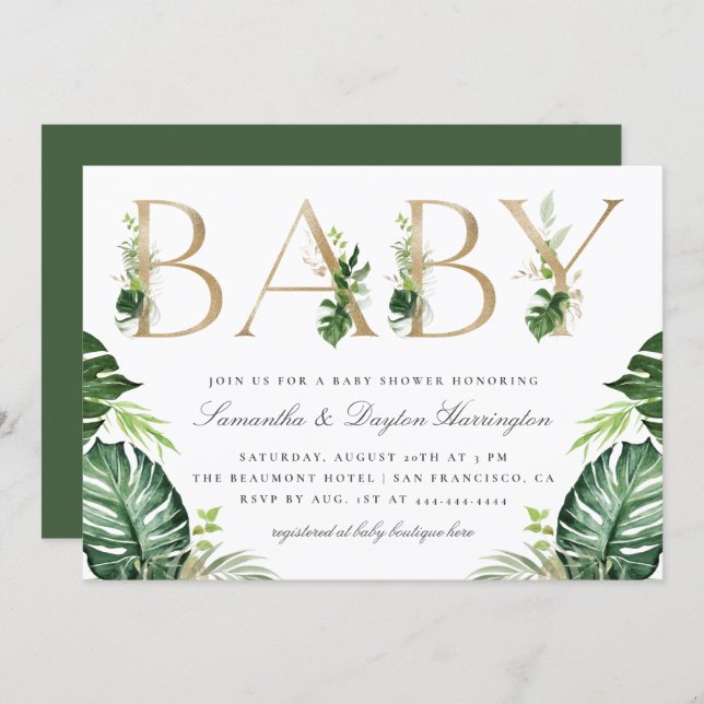 Chic Tropical Greenery Gold Typography Baby Shower Invitation (Front/Back)