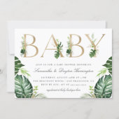Chic Tropical Greenery Gold Typography Baby Shower Invitation (Front)