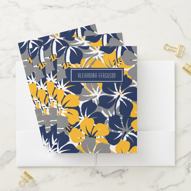 Chic Tropical Grey/Gray Blue Yellow Floral Pattern Pocket Folder (In Situ)