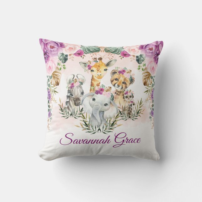Chic Tropical Jungle Safari Wild Animals Baby Girl Throw Pillow (Front)