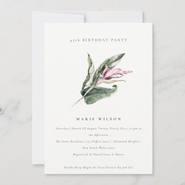 Chic Tropical Leafy Pink Floral Any Age Birthday Invitation (Front)