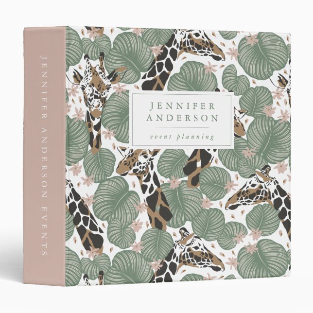 Chic Tropical Leaves & Giraffes Personalized 3 Ring Binder (Front/Spine)