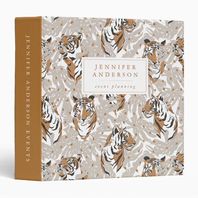 Chic Tropical Leaves & Tigers Personalized 3 Ring Binder (Front/Spine)