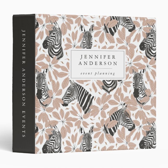 Chic Tropical Leaves & Zebras Personalized 3 Ring Binder (Front/Spine)