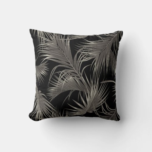 Chic Tropical Palm Fronds Pattern on Black Throw Pillow