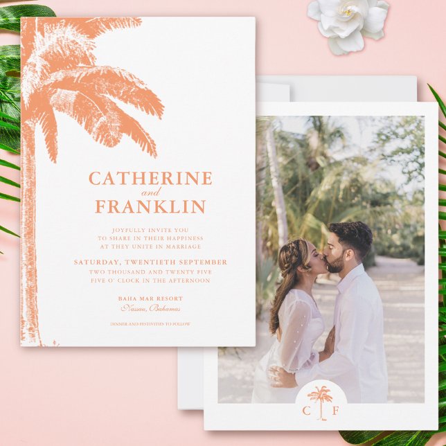 Chic Tropical Palm Tree Monogram Photo Wedding Invitation (Vintage Boho Tropical Palm Photo Wedding Invitation)