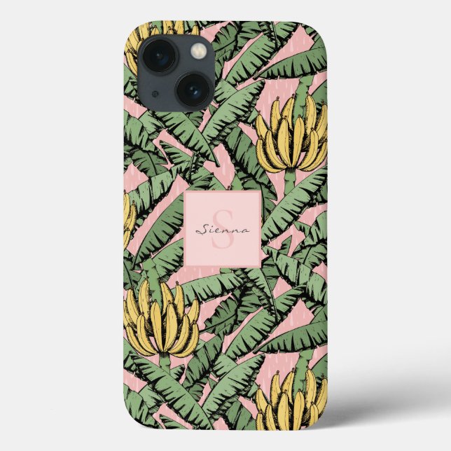 Chic Tropical Pink and Yellow Banana Leaf Pattern Case-Mate iPhone Case (Back)