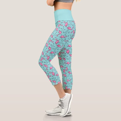 Chic Tropical Pink Flamingo on Aqua Blue Pattern Capri Leggings