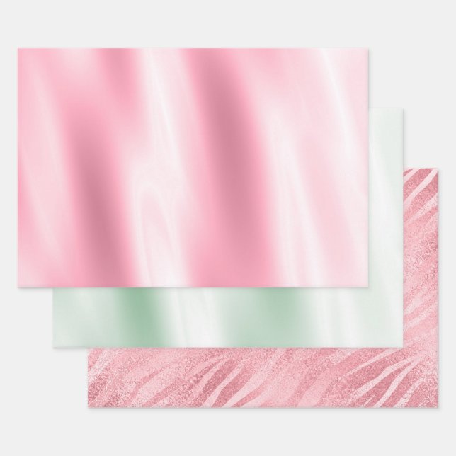 Chic Tropical Pink Mint Green Zebra Wrapping Paper Sheets (Set)