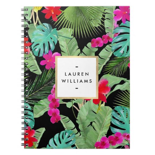 Chic Tropical Print Watercolor Black Notebook