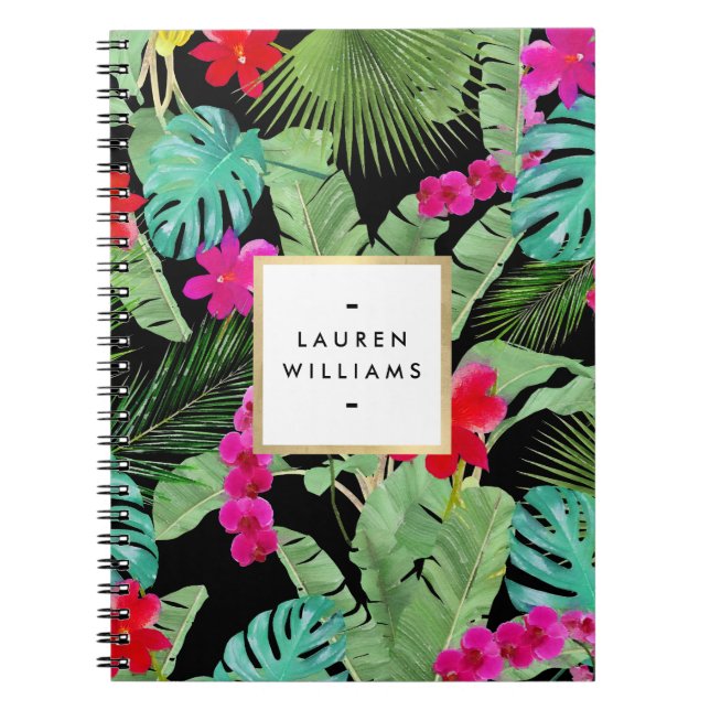 Chic Tropical Print Watercolor Black Notebook (Front)