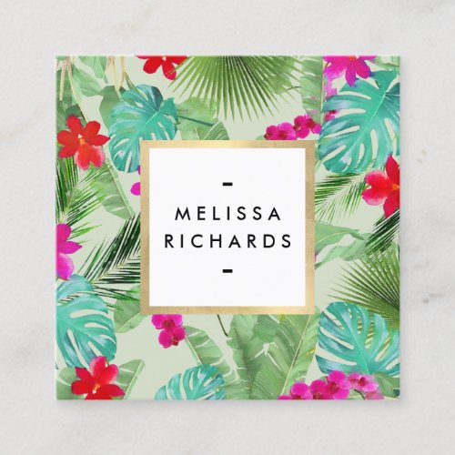 Chic Tropical Print Watercolor Designer Green Square Business Card