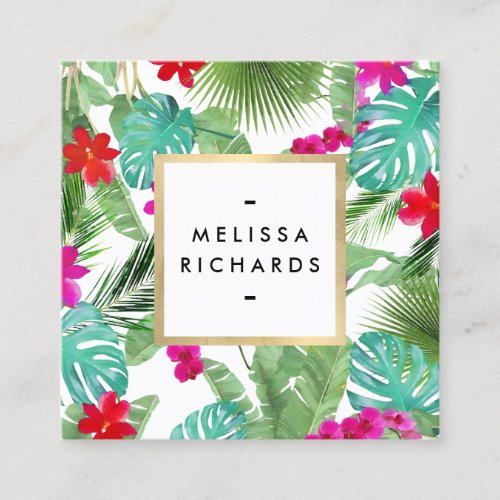 Chic Tropical Print Watercolor Designer Square Business Card