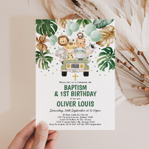Chic Tropical Safari Jungle Baptism 1st Birthday Invitation