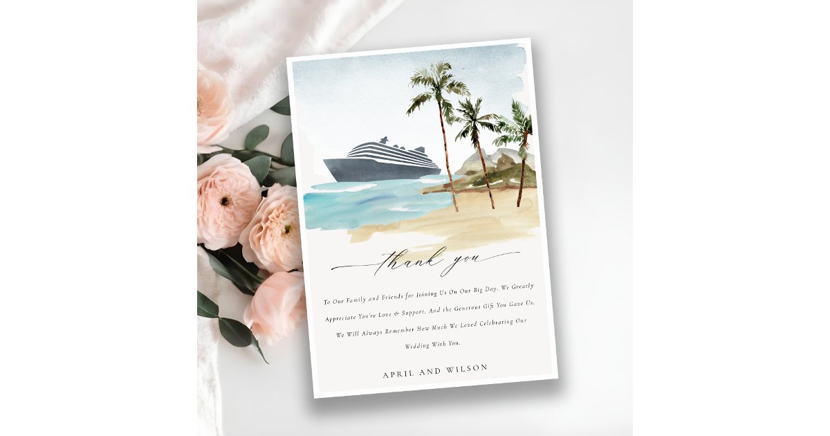 Chic Tropical Seascape Palm Beach Cruise Wedding Thank You Card | Zazzle