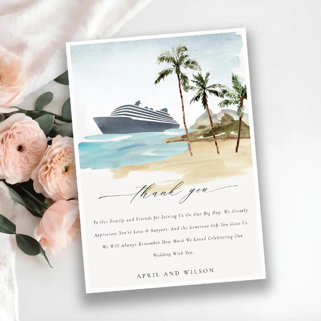 Chic Tropical Seascape Palm Beach Cruise Wedding Thank You Card | Zazzle