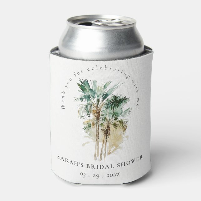 Chic Tropical Watercolor Palm Trees Bridal Shower Can Cooler (Can Front)