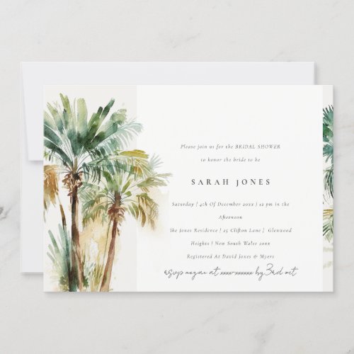 Chic Tropical Watercolor Palm Trees Bridal Shower Invitation