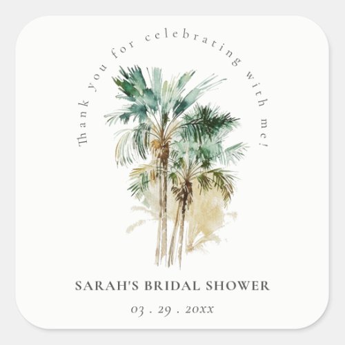 Chic Tropical Watercolor Palm Trees Bridal Shower Square Sticker