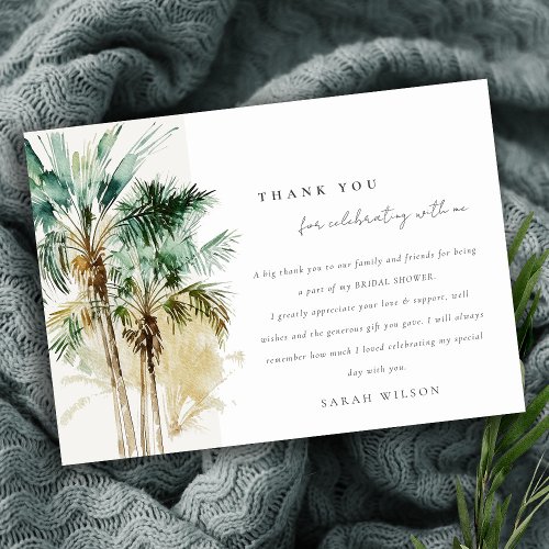 Chic Tropical Watercolor Palm Trees Bridal Shower Thank You Card