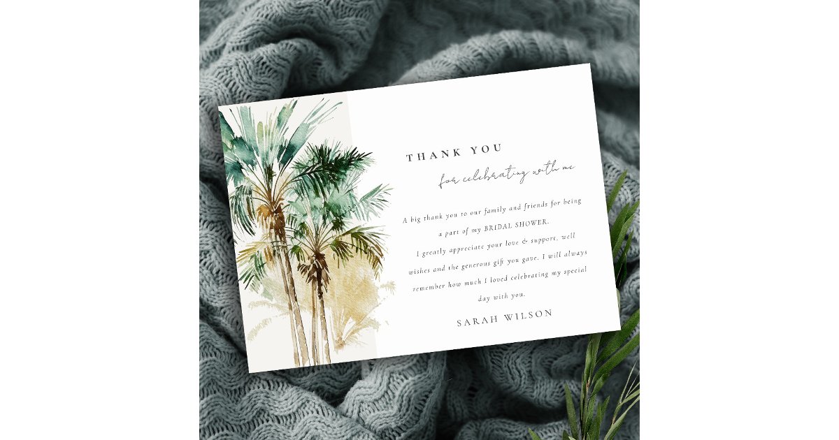 Chic Tropical Watercolor Palm Trees Bridal Shower Thank You Card | Zazzle