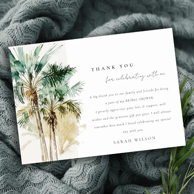 Chic Tropical Watercolor Palm Trees Bridal Shower Thank You Card | Zazzle