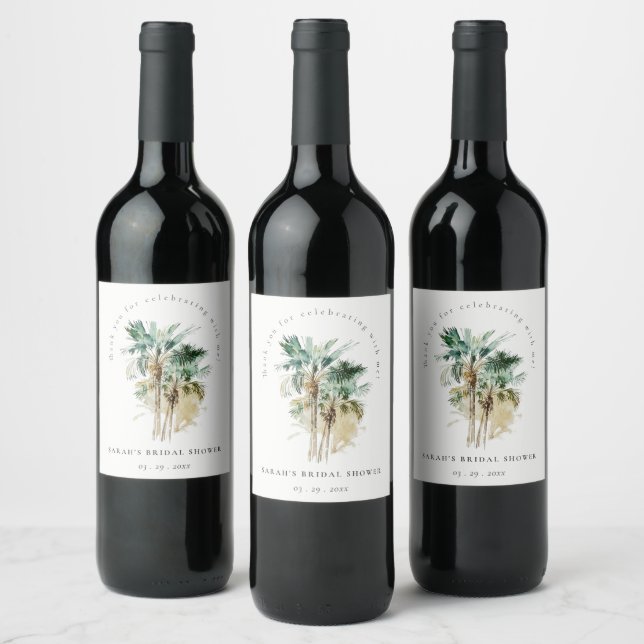Chic Tropical Watercolor Palm Trees Bridal Shower Wine Label (Bottles)