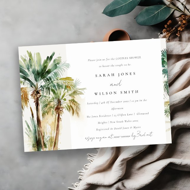 Chic Tropical Watercolor Palm Trees Couples Shower Invitation (Creator Uploaded)