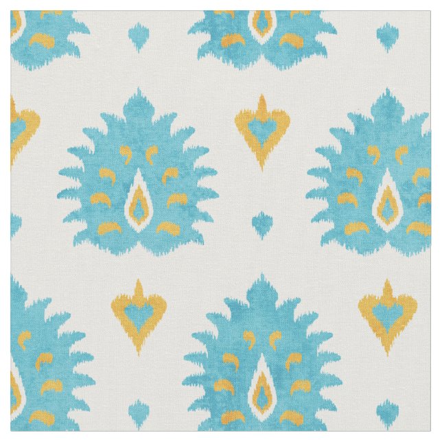 Chic turquoise and gold damask ikat pattern fabric (Close Up)