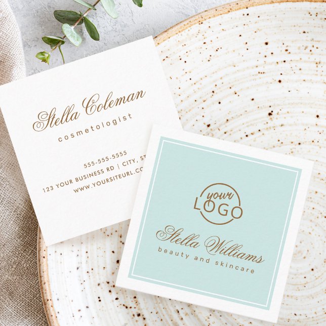 Chic turquoise aqua blue custom logo minimalist square business card (Chic turquoise aqua blue custom logo minimalist square business card)