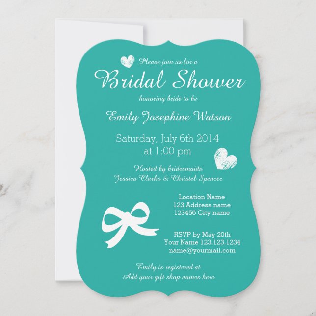 Chic turquoise blue bridal shower invitations (Front)