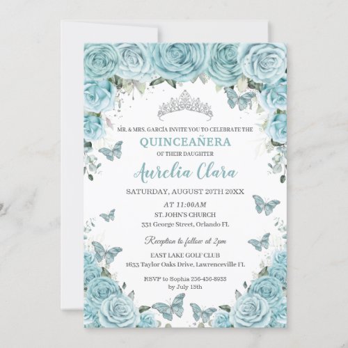 Chic Turquoise Blue Floral Butterflies Quinceaera Invitation