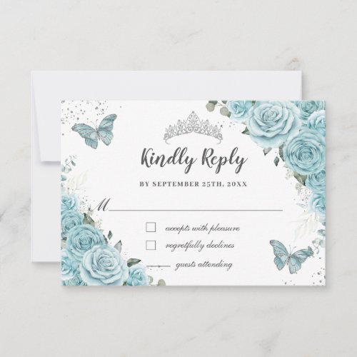 Chic Turquoise Blue Floral Quinceaera Butterflies RSVP Card