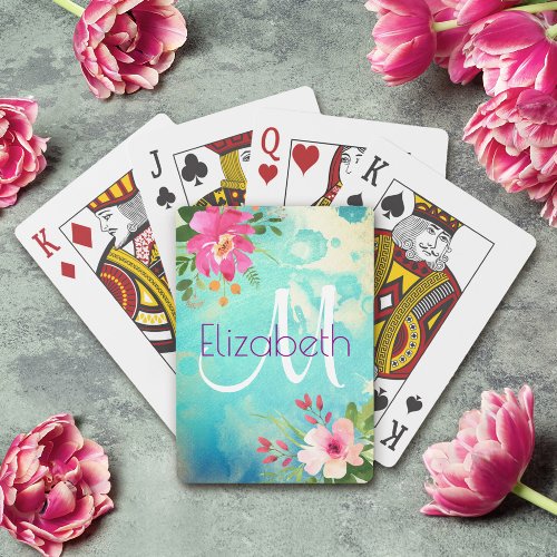 Chic Turquoise Blue Floral Watercolor Monogram Poker Cards